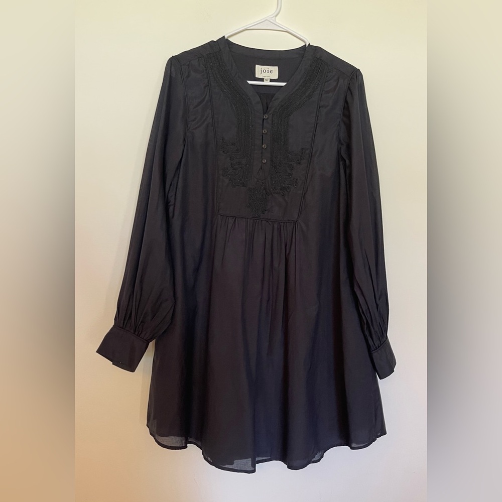 Joie silk cotton Black Long Sleeve Dress with Embroidery appliqué design